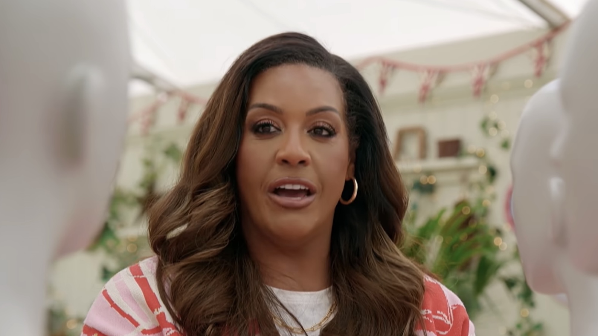 Alison giving instructions in the Bake Off trailer.