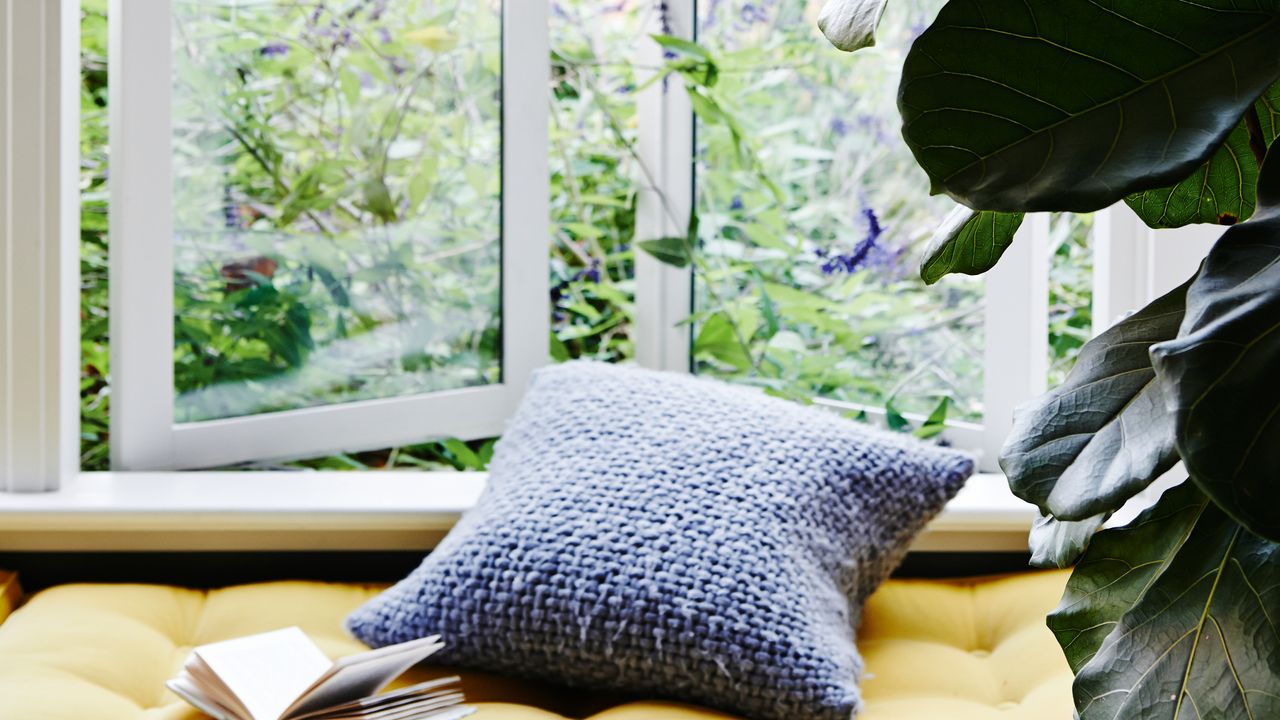 Yellow window seat beside plant and open window