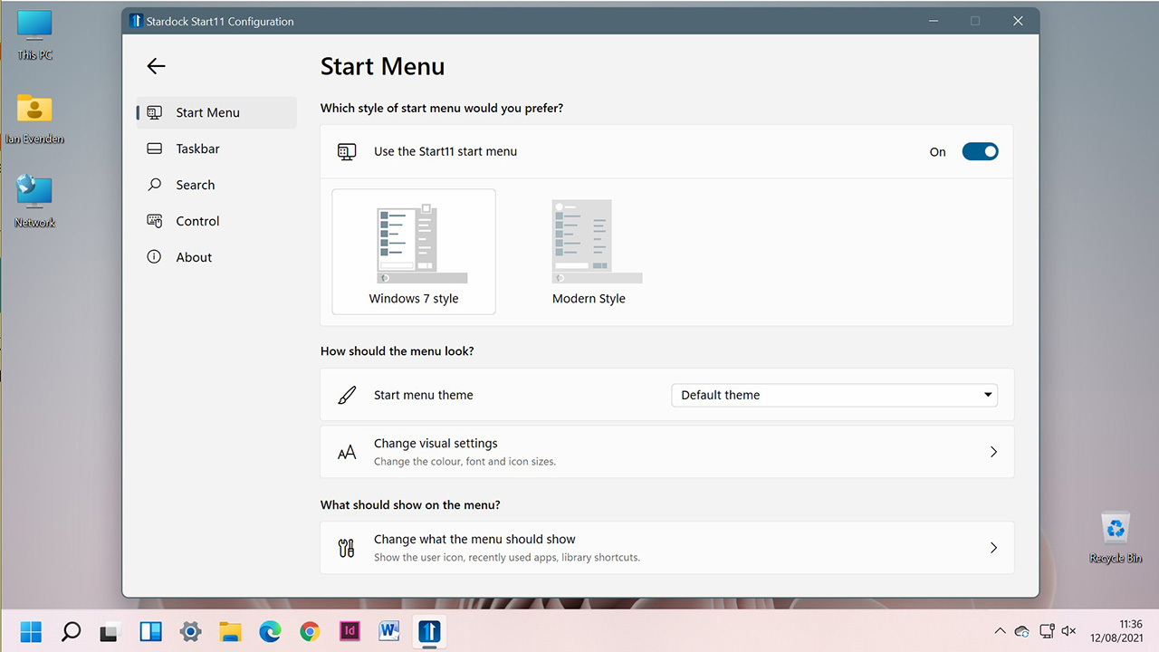 The Start 11 configuration screen