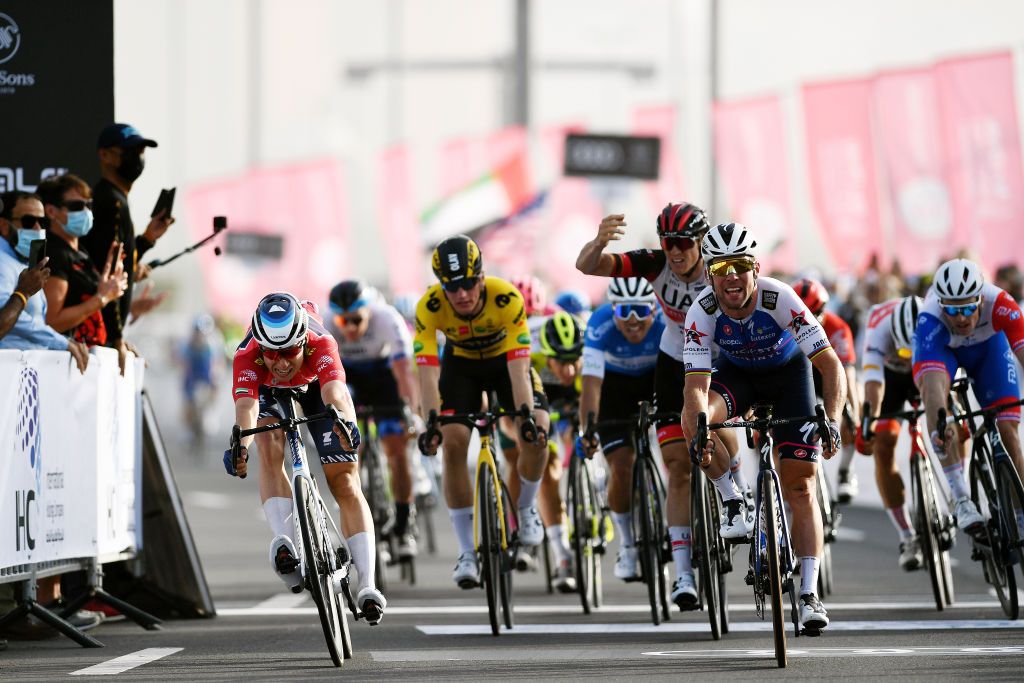 Mark Cavendish hits the line at the UAE Tour