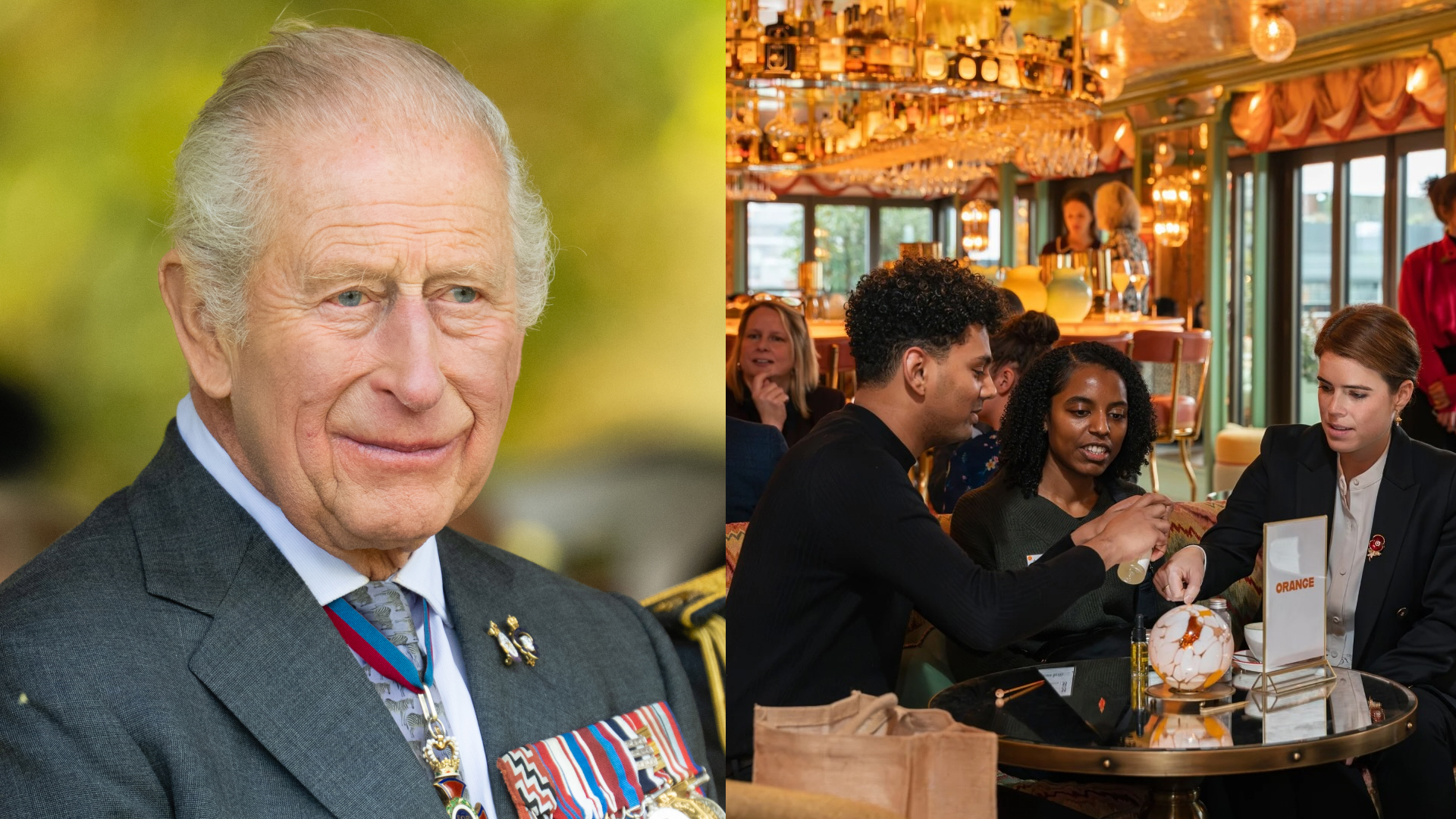 King Charles wearing a gray suit, Princess Eugenie sitting at a table with a man and woman at a restaurant and trying a product