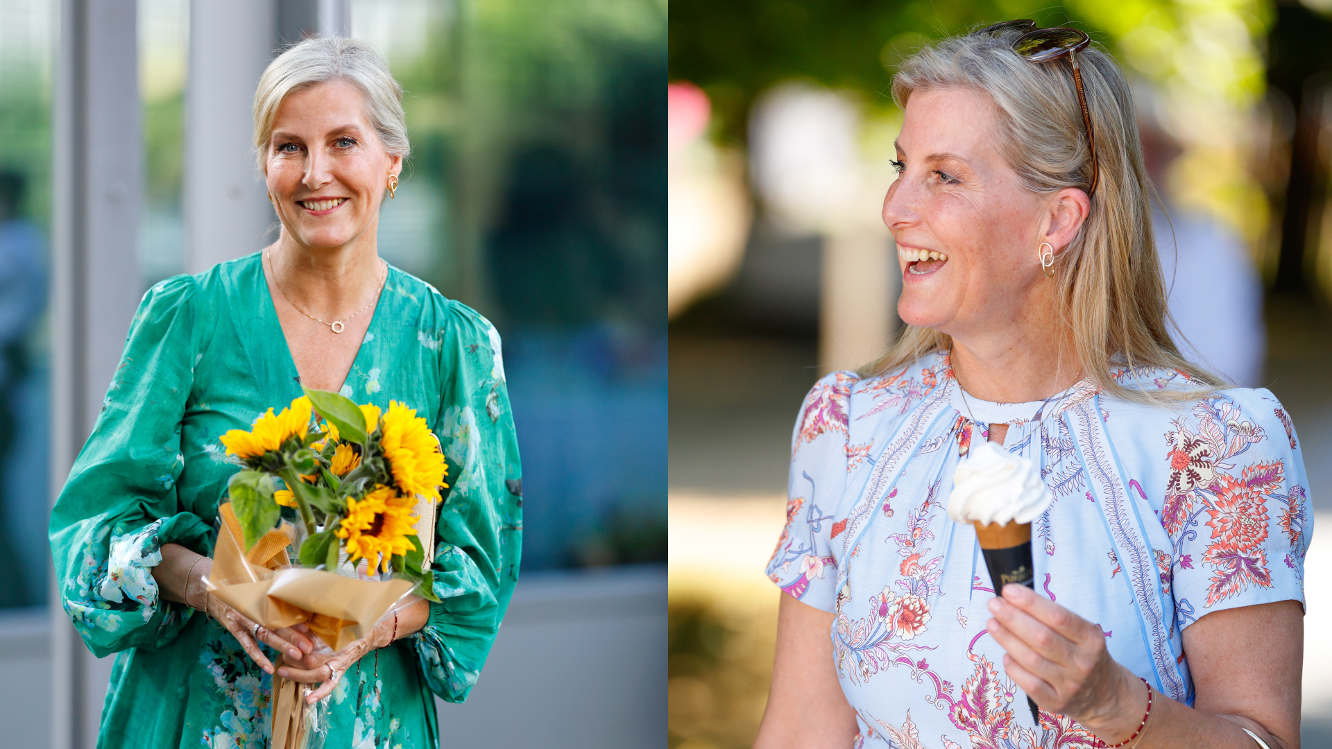 Duchess Sophie wearing a green dress holding sunflowers next to a photo of Sophie in a blue floral dress eating ice cream