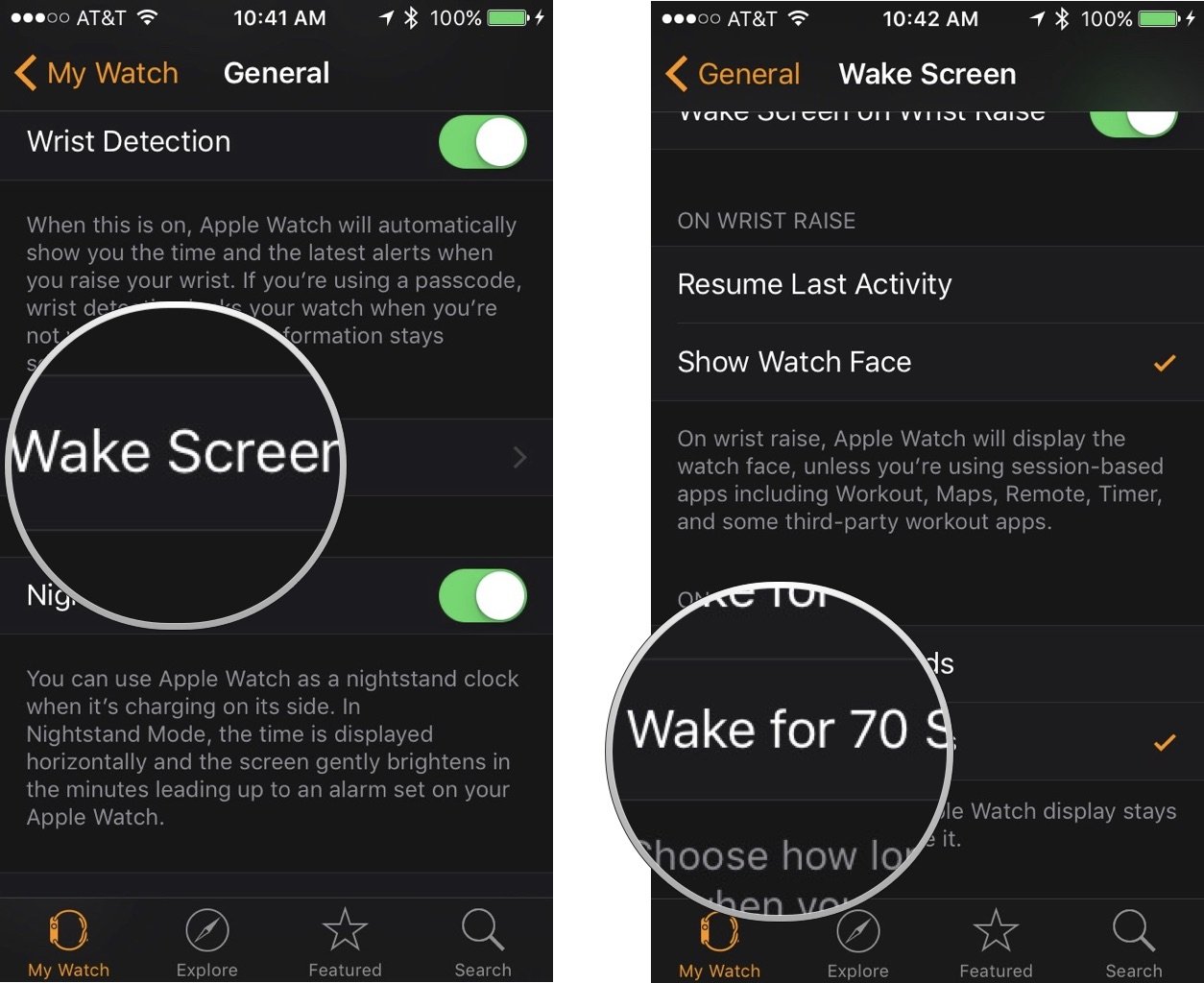 Setting the wake extension for Apple Watch on iPhone