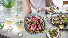 Composite image of a spring cocktail, radishes recipes and hake recipe
