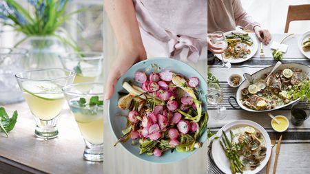 Composite image of a spring cocktail, radishes recipes and hake recipe