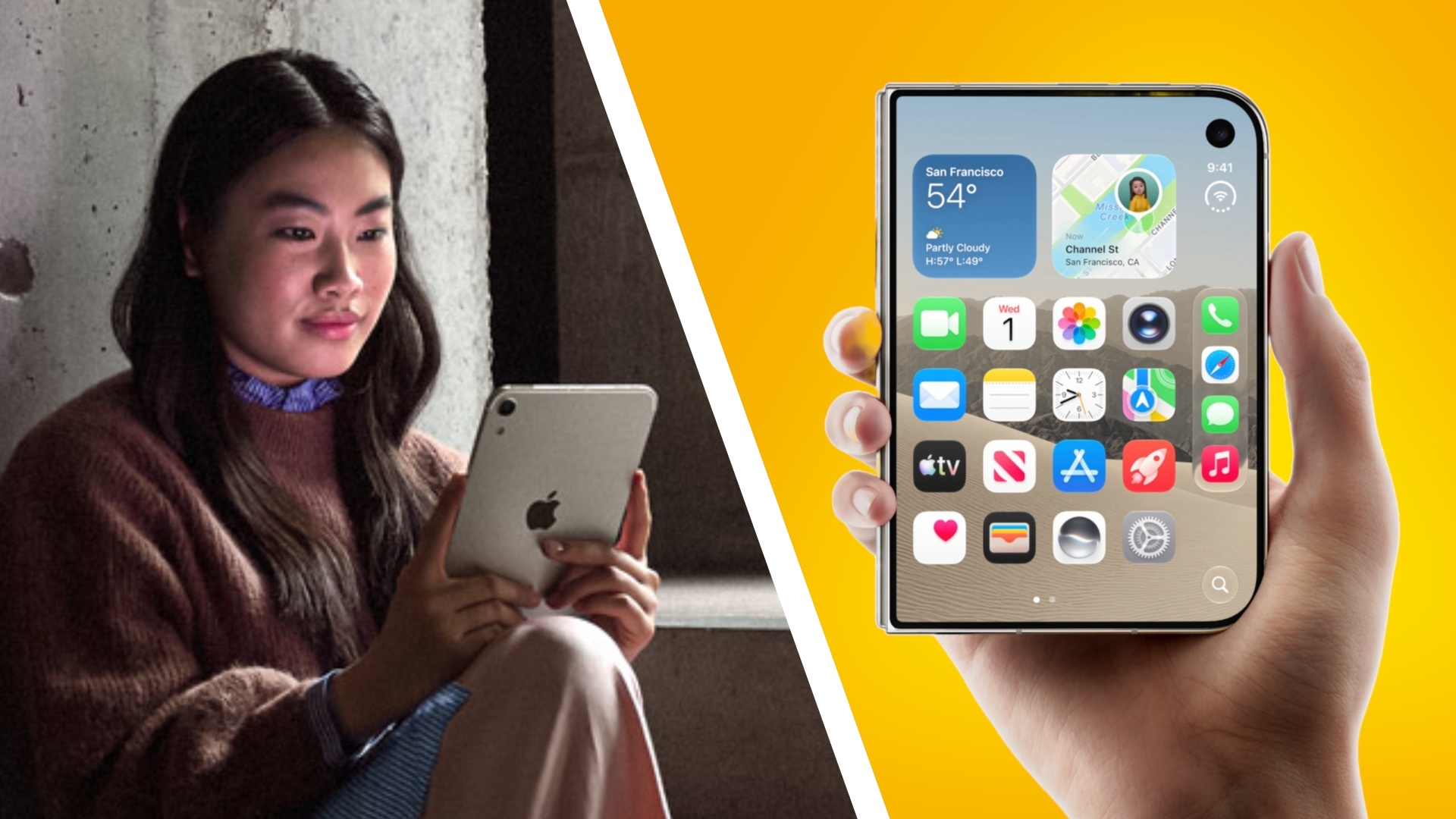 A woman using the new iPad mini and a picture of the iPhone Duo on a yellow background