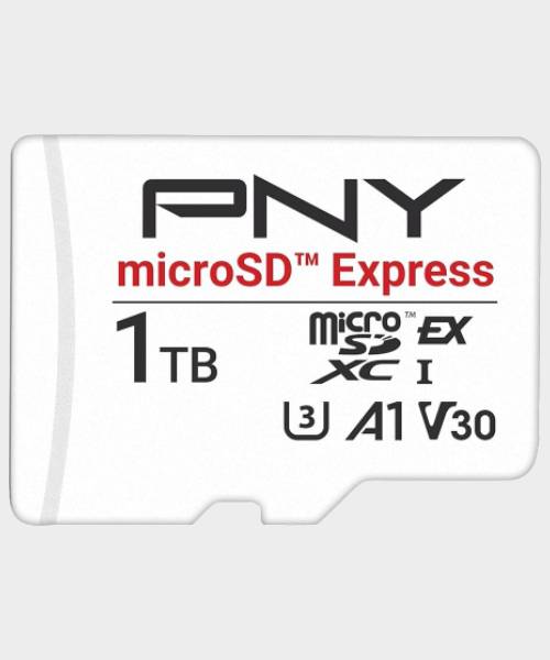 Image of the 1TB PNY Switch 2 microSD Express card with a gray background.