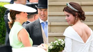 Composite of Princess Eugenie wearing emerald drop earrings at Royal Ascot 2024 and Princess Eugenie wearing emerald drop earrings on her wedding day in 2018