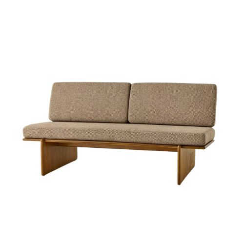 Mid-century style wooden bench with brown upholstered cushions