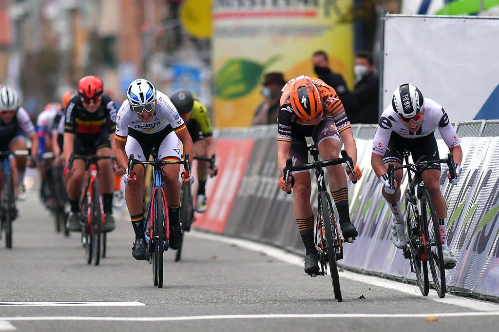 DE PANNE BELGIUM OCTOBER 20 Sprint Arrival Jolien Dhoore of Belgium and Boels Dolmans Cycling Team Lorena Wiebes of The Netherlands and Team Sunweb Lisa Brennauer of Germany and Ceratizit Wnt Pro Cycling Team Lotte Kopecky of Belgium and Team Lotto Soudal Ladies during the 3rd Driedaagse Brugge De Panne 2020 Women Classic a 1563km race from Brugge to De Panne AG3daagse on October 20 2020 in De Panne Belgium Photo by Luc ClaessenGetty Images