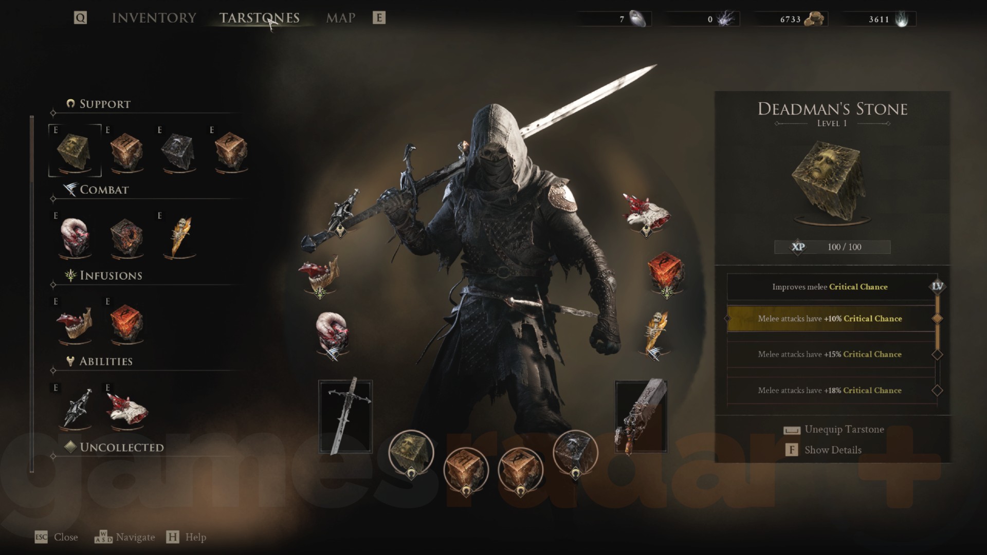 The player's inventory in-game, showing all collected Mortal Shell 2 Tarstones and the player's full build.