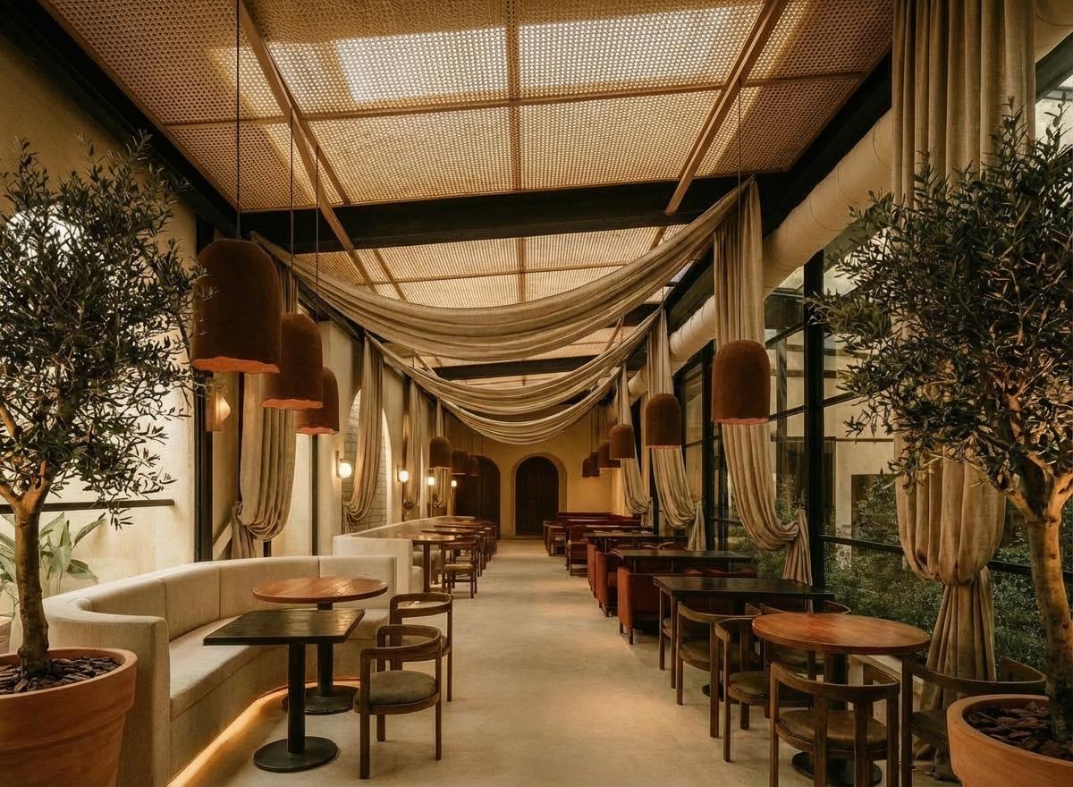 A restaurant with airy interiors and beige drapery floating from the ceiling, decorated with potted olive trees, beige banquettes, and wooden furniture.
