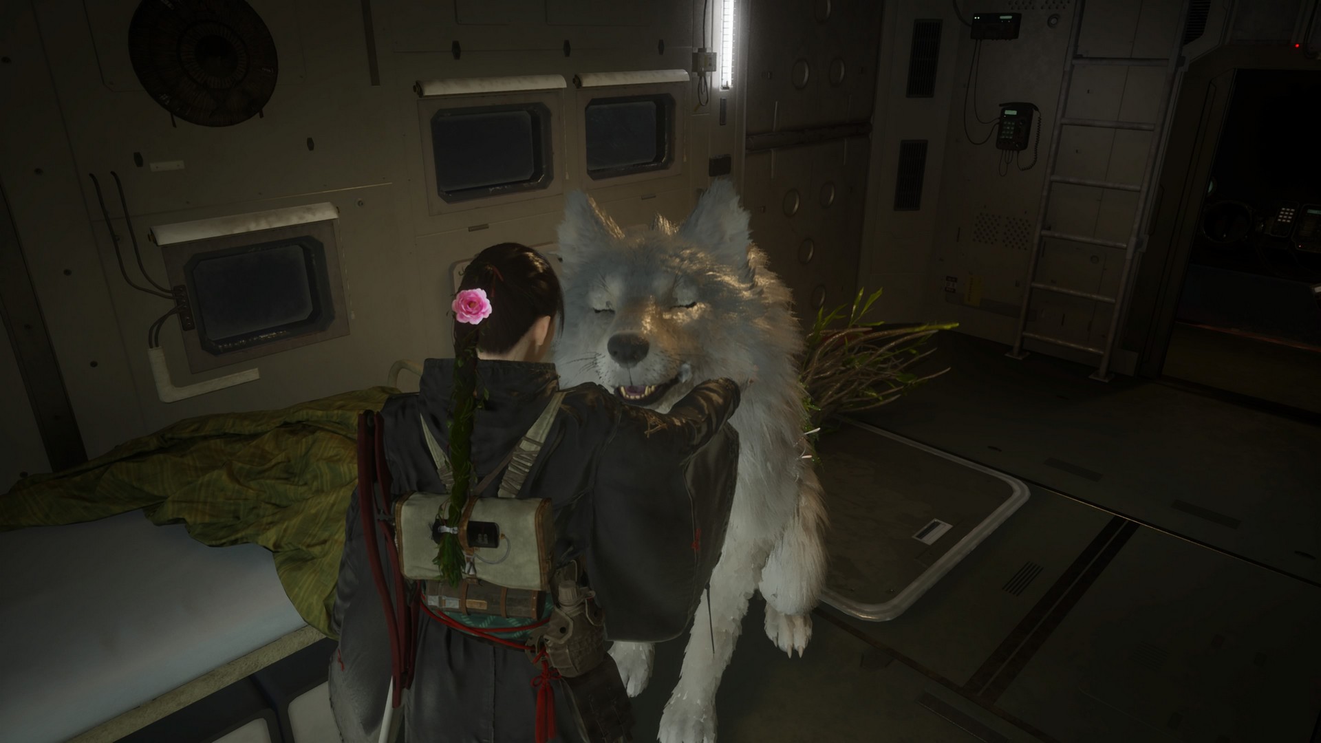 Emma pets Koo, a huge white wolf, in Beast of Reincarnation