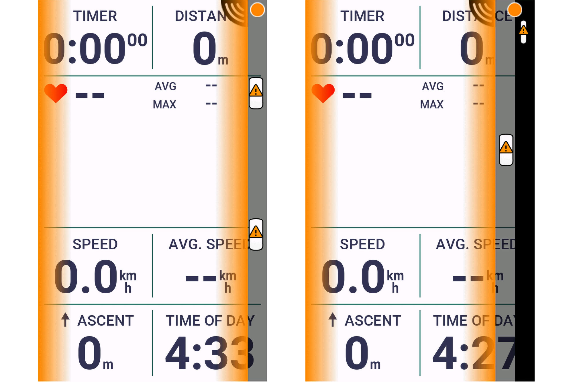Garmin Edge head unit screens, with small radar overlay on the left, and large on the right.