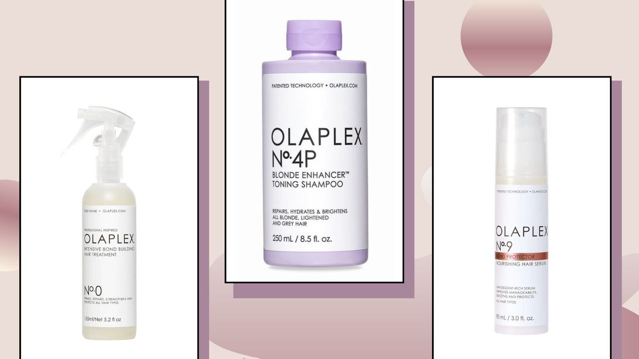 three of the products in the Olaplex Cyber Monday sale—Olaplex No.0, Olaplex No.4P and Olaplex No.9—on a light pink and mauve background