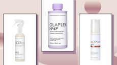 three of the products in the Olaplex Cyber Monday sale—Olaplex No.0, Olaplex No.4P and Olaplex No.9—on a light pink and mauve background