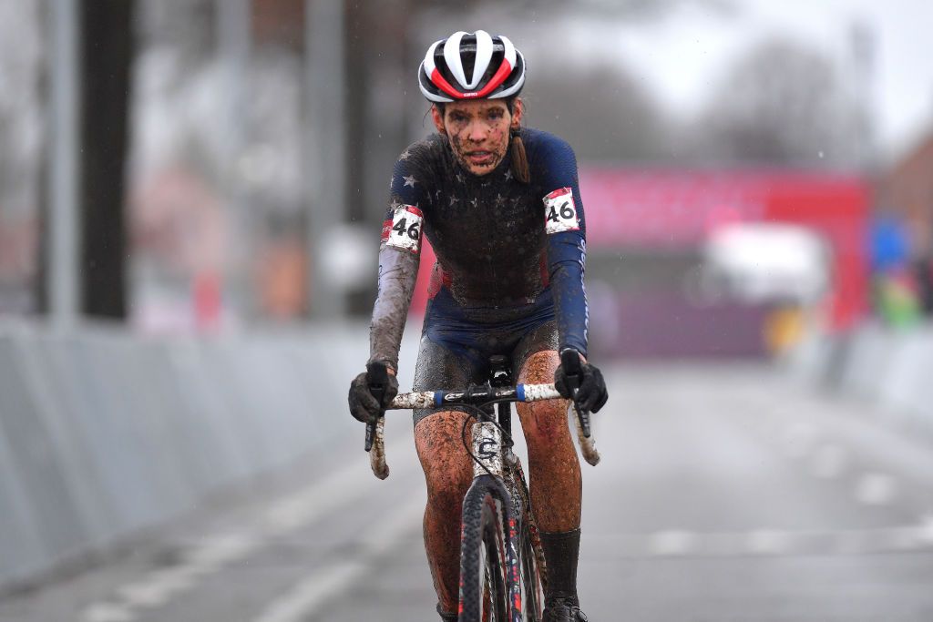 DENDERMONDE BELGIUM DECEMBER 27 Arrival Clara Honsinger of The United States Mud during the 1st Dendermonde World Cup 2020 Women Elite dendermonde CXWorldCup UCICyclocrossWC Cyclocross on December 27 2020 in Dendermonde Belgium Photo by Luc ClaessenGetty Images