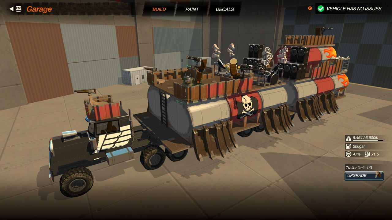vehicle customization screen showing a multipart war rig