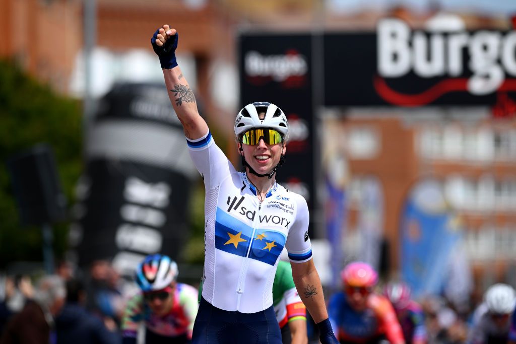 MEDINA DE POMAR SPAIN MAY 18 Lorena Wiebes of The Netherlands and Team SD Worx celebrates at finish line as stage winner during the 8th Vuelta a Burgos Feminas 2023 Stage 1 a 1156km stage from Quintanaortuo to Medina de Pomar UCIWWT on May 18 2023 in Medina de Pomar Spain Photo by Dario BelingheriGetty Images