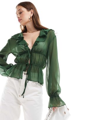 Asos Design Sheer Ruffle Chiffon Blouse With Tie Front in Green