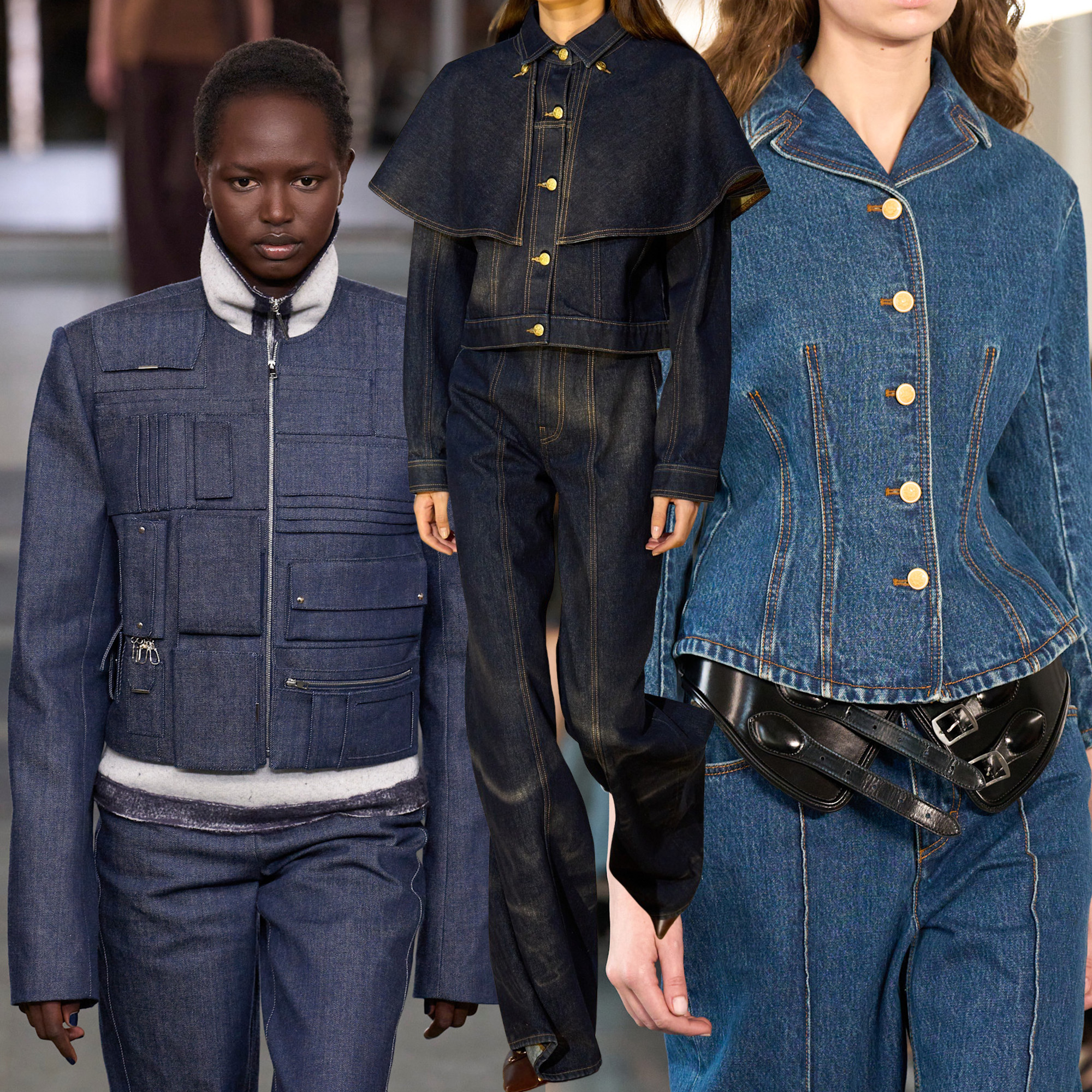 Woman in structured denim jacket