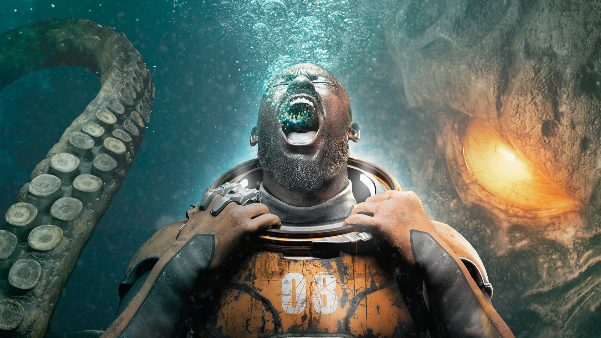 Noah holds the rim of his diving suit and screams, bubbles spewing forth, as a tentacled monster stares at him from behind in key art for Cthulhu: The Cosmic Abyss, cropped for use as a header image