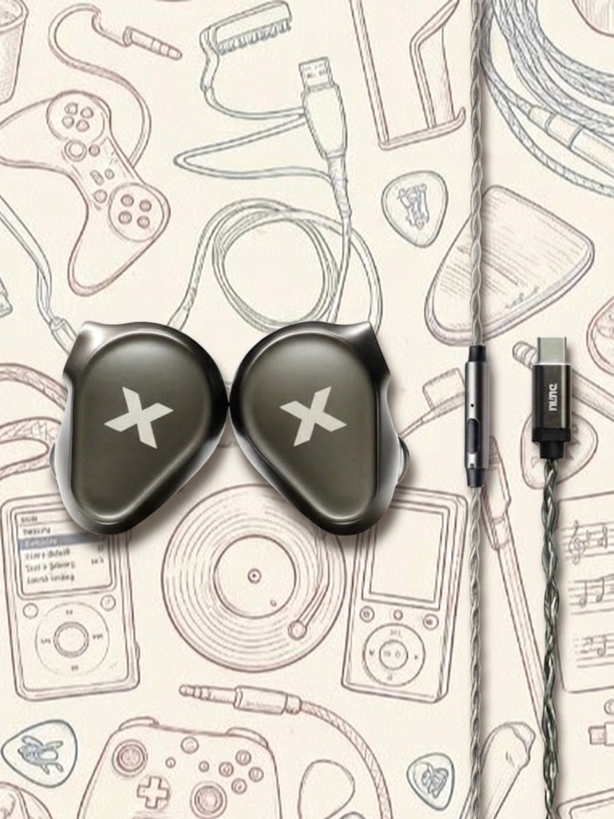 A selection of in-ear monitors on an AI-generated, illustrative background.