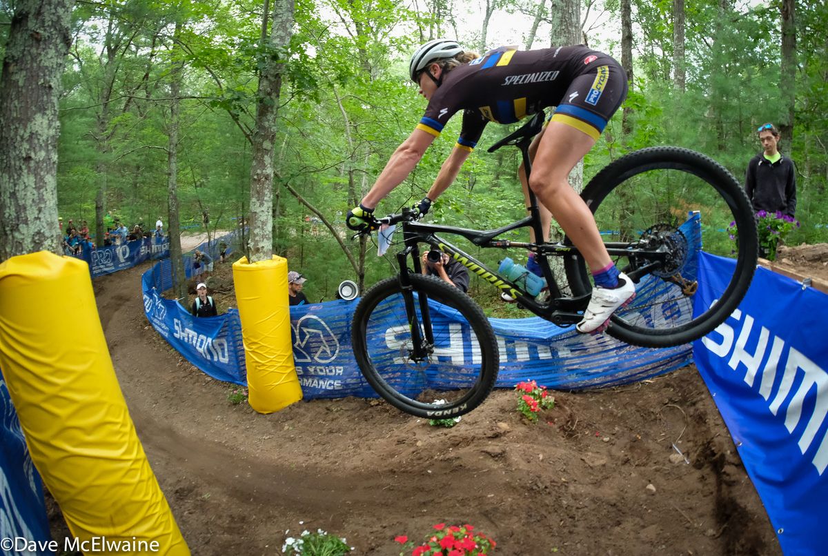 Amy Beisel (Pro Cycling) was slightly off the pace of the leaders near the end of lap one