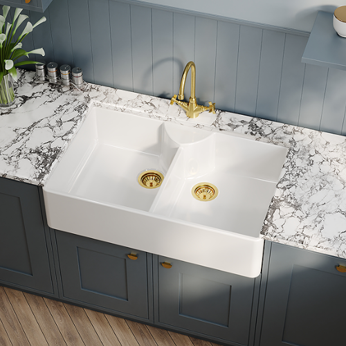 Victorian Plumbing, Bower Double Bowl White Ceramic Belfast Sink with Stepped Weir