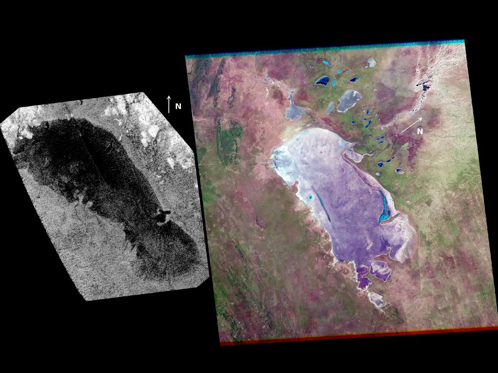 A lake on Saturn&#039;s huge moon Titan looks a lot like a Namibian salt pan.