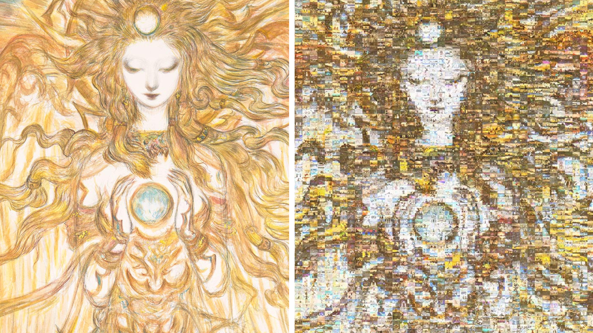 An image of Yoshitaka Amano&#039;s artwork for FF14, a beautiful woman cradling a star in her hands, posed next to a mosaic of the same image constructed from fan&#039;s screenshots.