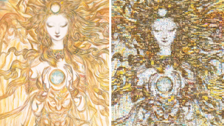 An image of Yoshitaka Amano's artwork for FF14, a beautiful woman cradling a star in her hands, posed next to a mosaic of the same image constructed from fan's screenshots.