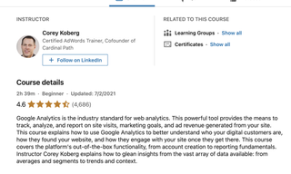 A screenshot from LinkedIn Learning showing a summary of a Google Analytics course