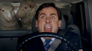 Steve Carell screaming at the wheel with sheep in his backseat in Evan Almighty.