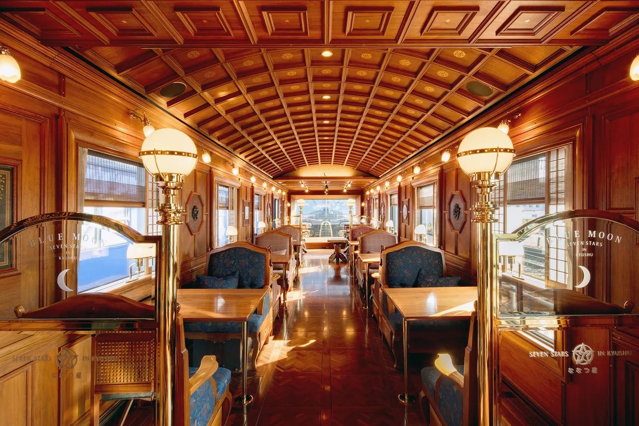 A stuck-in-time sleeper train features interiors blending Art Deco and Japanese minimalism.