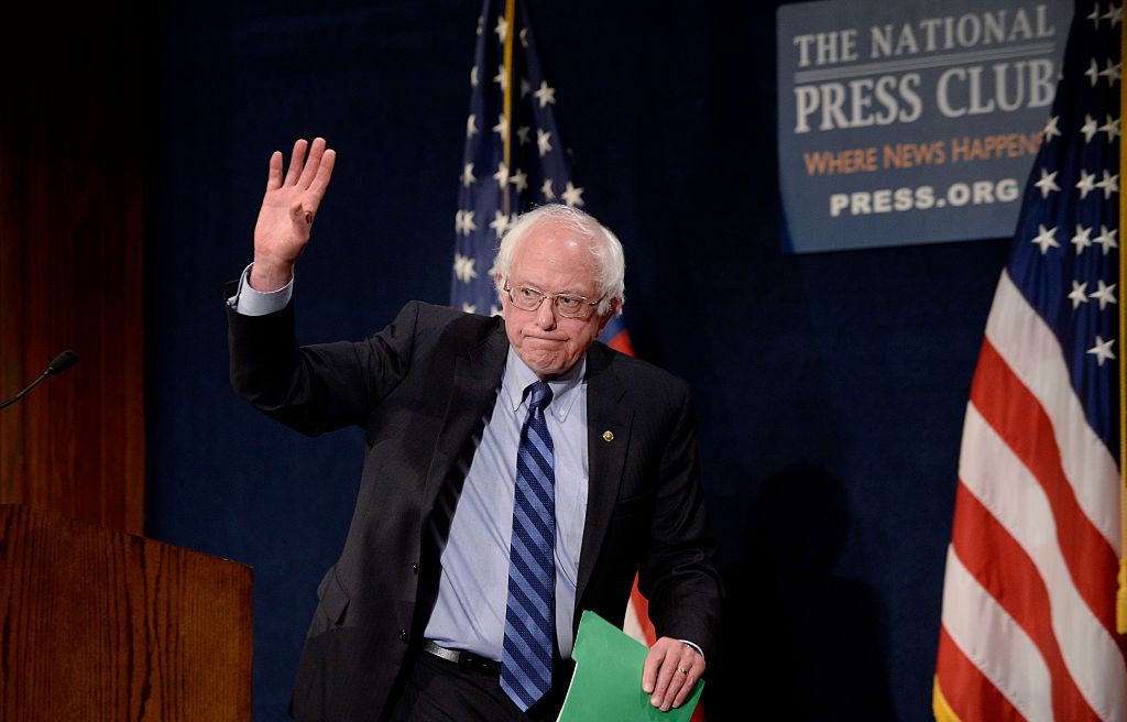 Bernie Sanders talks to reporters at the National Press Club