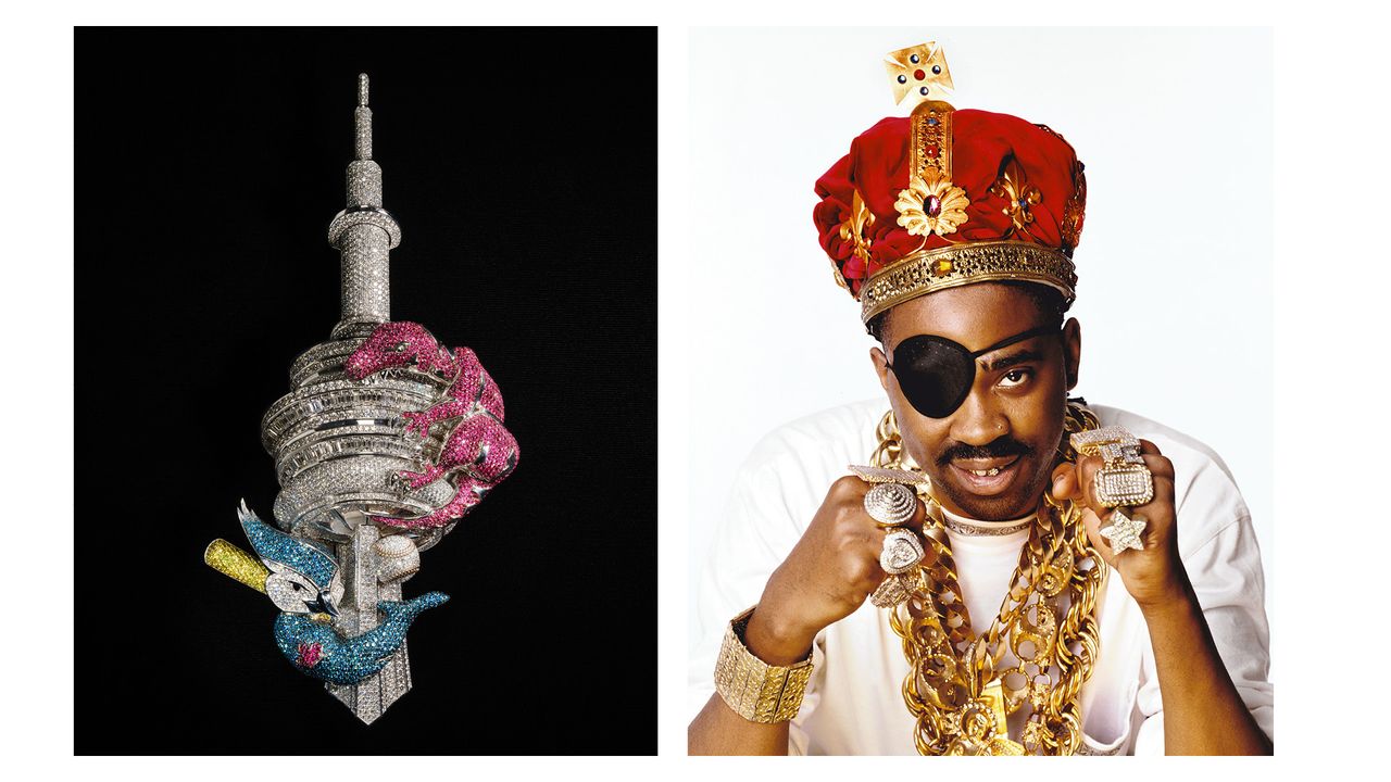 hip-hop jewelry: Drake&#039;s The Crown Jewel of Toronto Pendant; Slick Rick bedecked in his trademark crown jewels