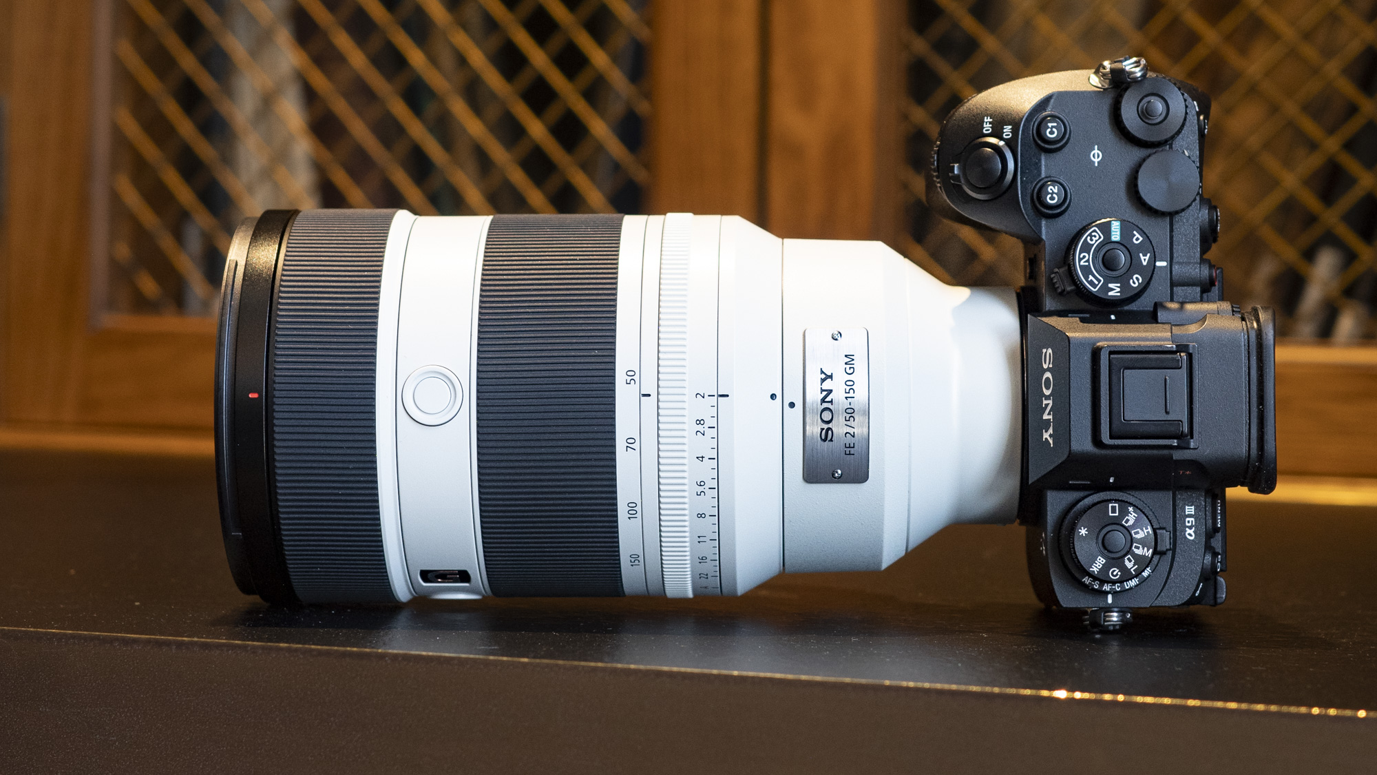 Sony FE 50-150mm F2 GM lens attached to a Sony A9 III, on a table