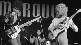 Irish rock group Thin Lizzy performing at the Marquee Club, London, 13th November 1973. Left to right: Phil Lynott (1949 - 1986), Brian Downey and Eric Bell. 