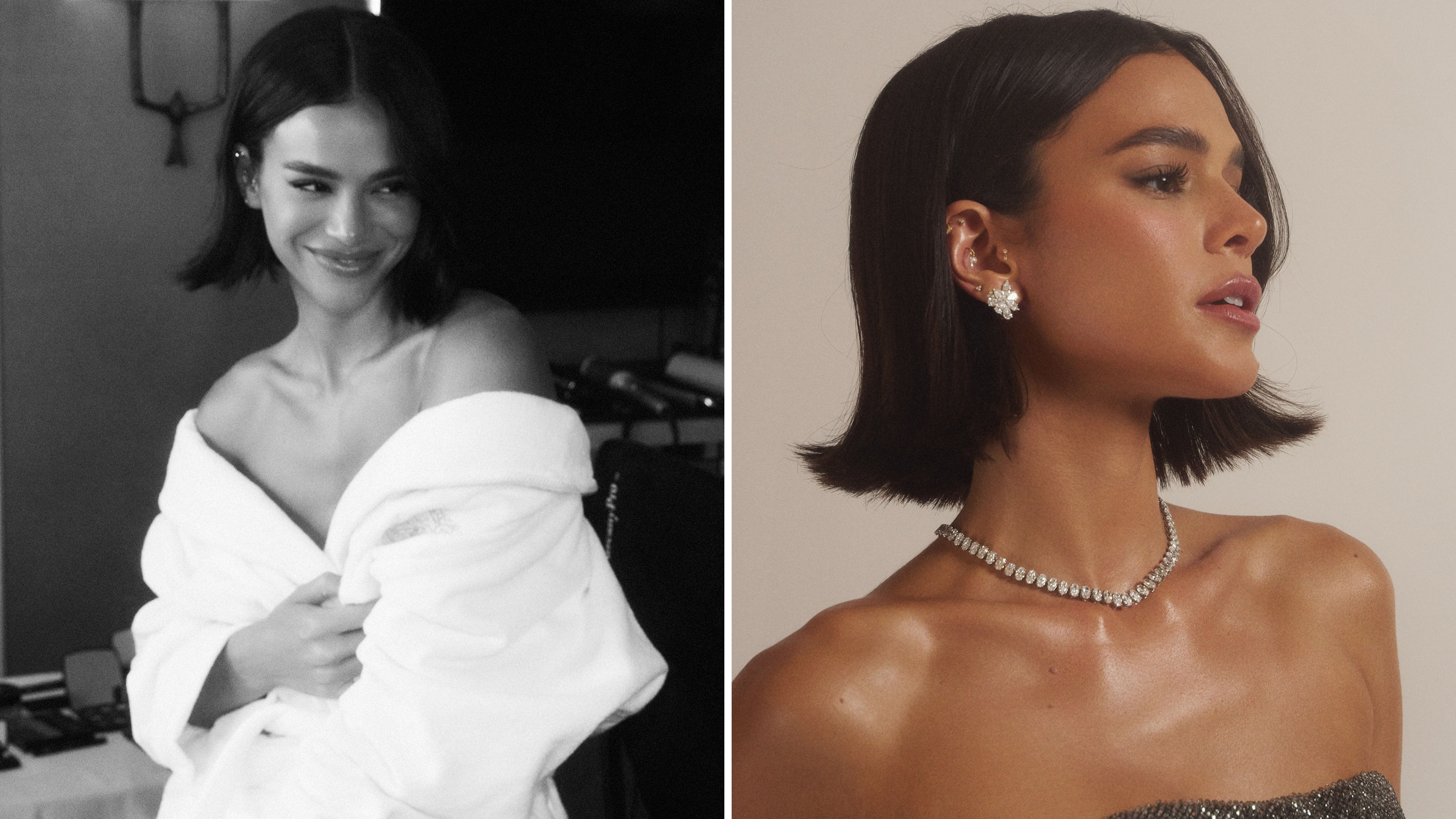 Bruna Marquezine photographed by Dennis Leupold for Who What Wear getting ready for the 2026 Academy Awards. On the left, Bruna is wearing a white robe as she finished glam. On the right, a portrait shot of Bruna in her Wempe earrings and necklace. 