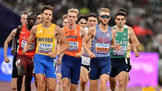 Andrew Coscoran of Ireland, right, and Josh Kerr of Great Britain, second from right, competing in the men's 1500m semi-finals during day three of the World Athletics Championships Tokyo 2025 at Japan National Stadium in Tokyo, Japan. 