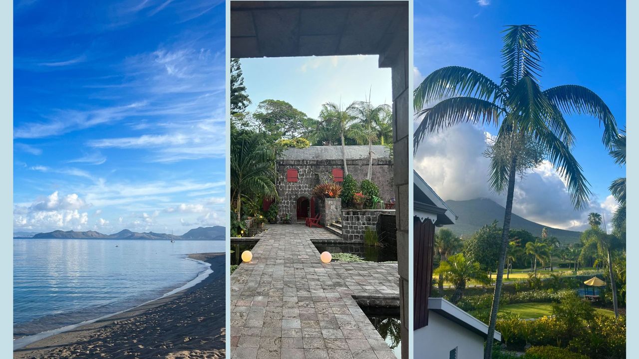 Three views of Nevis: view of St Kitts from the beach, Golden Rock Inn, and Nevis Peak from the Four Seasons Hotel