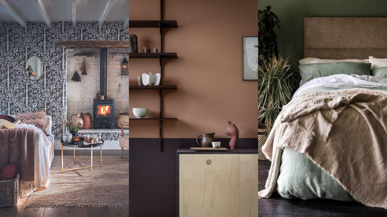 Cosy living room or snug with lit wood burner in a white painted alcove, armchairs and sofa with cushions and fabric throws. Natural, Autumnal colours and tones. / A two toned wall with light brown paint on the upper and dark brown paint on the bottom, a dark woork open shelving unit with small decor and a light wood side table. / A light beige bed frame with light green bedding and a tetxured beige throw next to multiple houseplants 