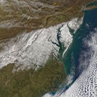 A satellite view of a nor'easter on Jan. 4, 2022, which dumped up to 14 inches of snow in Virginia and Maryland.