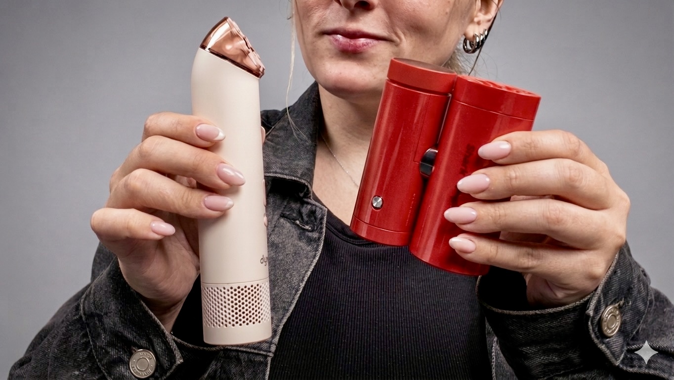 Dyson HushJet Mini Cool vs. Shark ChillPill both in hand side-by-side comparsion