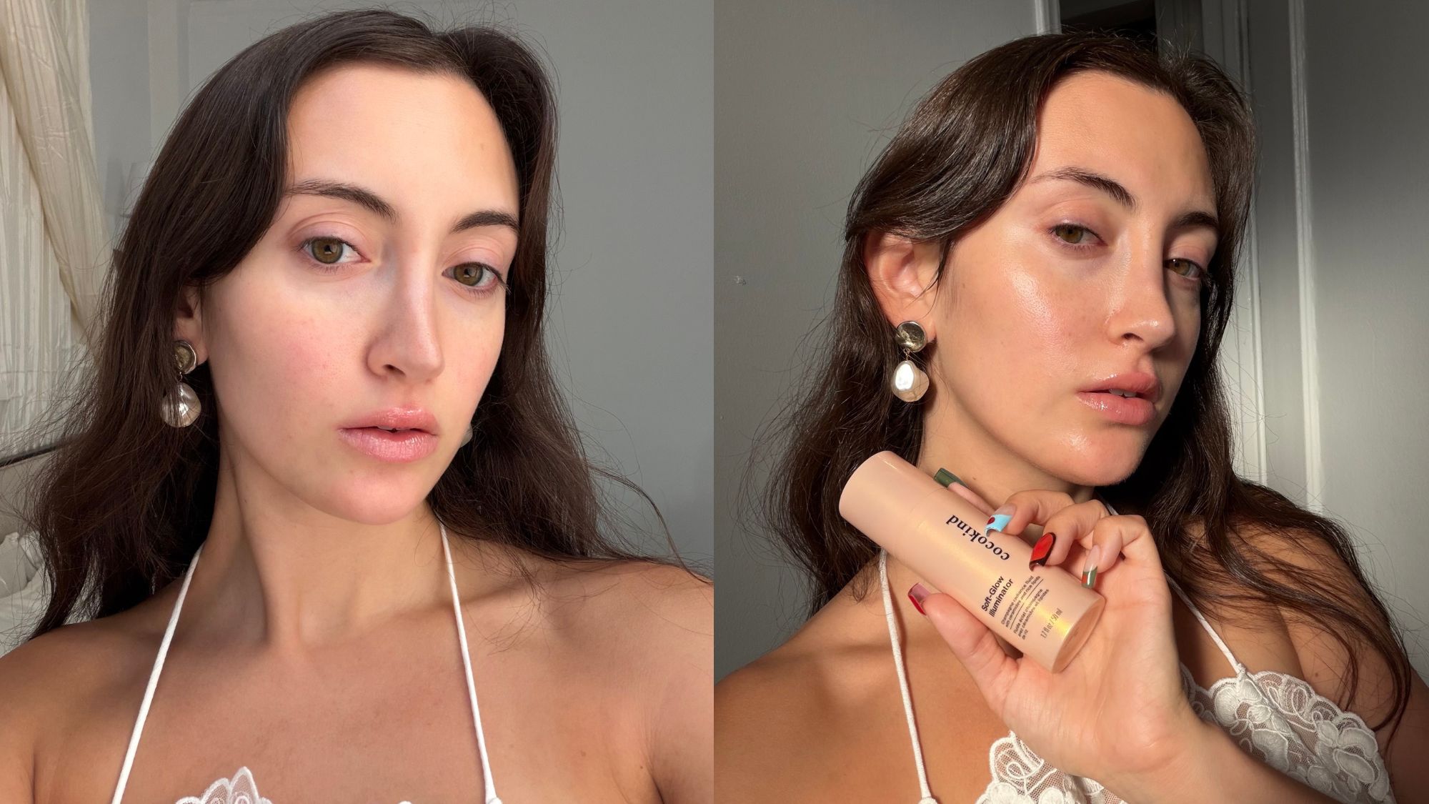 An image of WWW associate beauty editor Alyssa Brascia before and after applying the new Cocokind Soft-Glow Illuminator.
