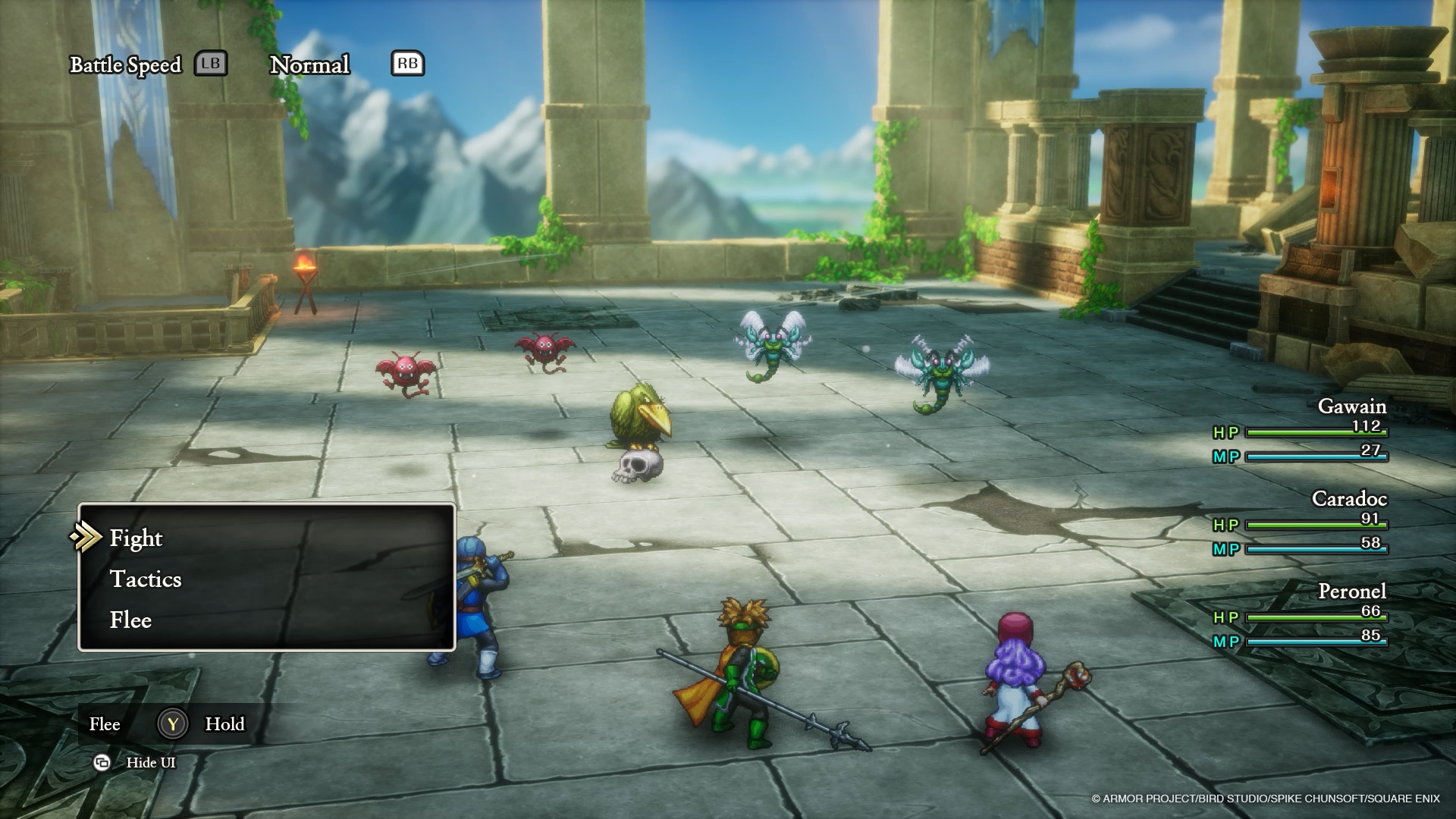 The party battles a group of enemies in the second game in Dragon Quest 1 & 2 HD-2D Remake