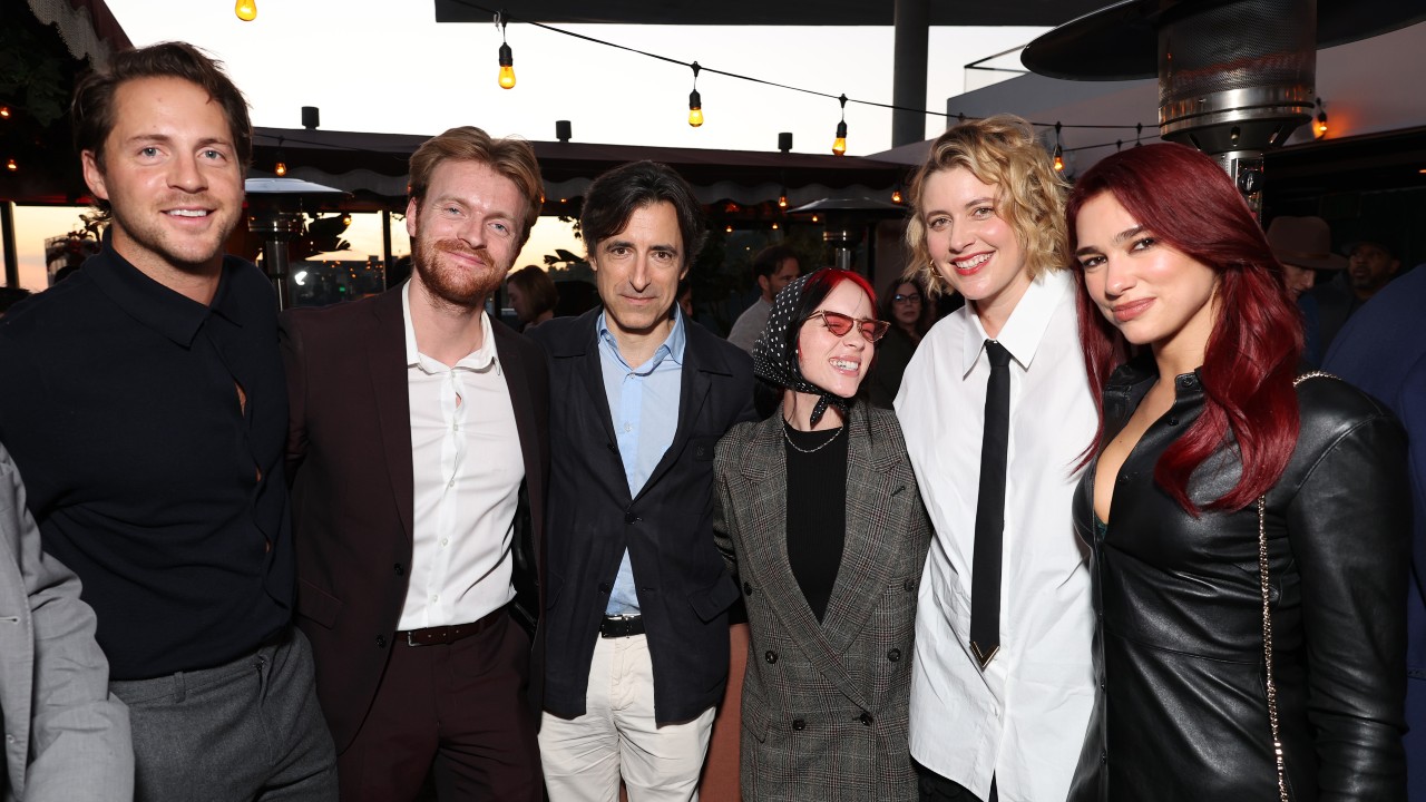 Tom Ackerley, Finneas O’Connell, Noah Baumbach, Billie Eilish, Greta Gerwig and Dua Lipa attend the Cocktail Reception Celebrating Greta Gerwig as AFI Guest Artistic Director at Harriet's Rooftop on October 27, 2023 in West Hollywood, California.