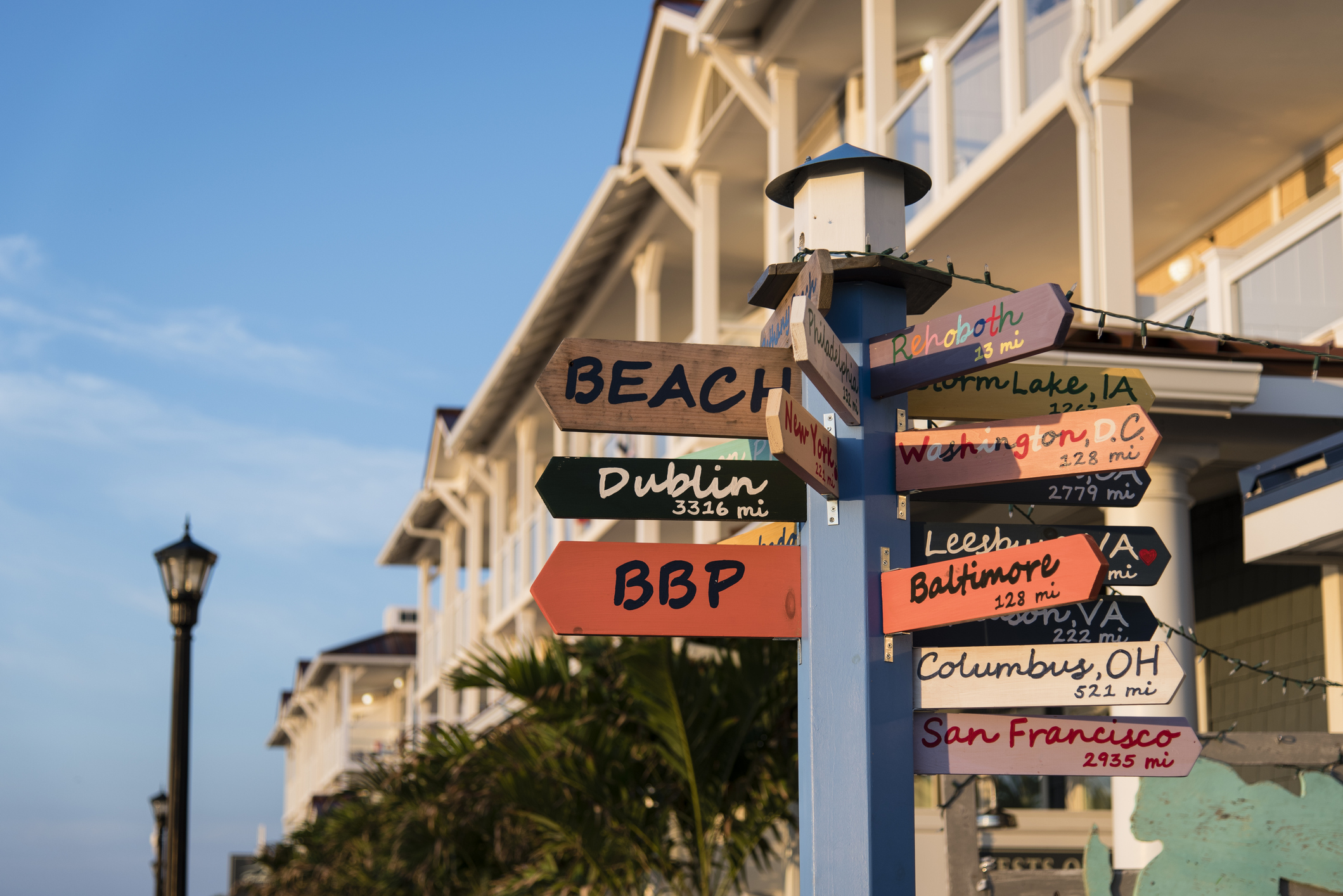 Sign on Bethany Beach boardwalk showing distances to other cities