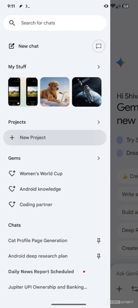 The Gemini app displays a &quot;Projects&quot; section in its side menu, which, per the leaks, could help users focus the AI on specific topics.